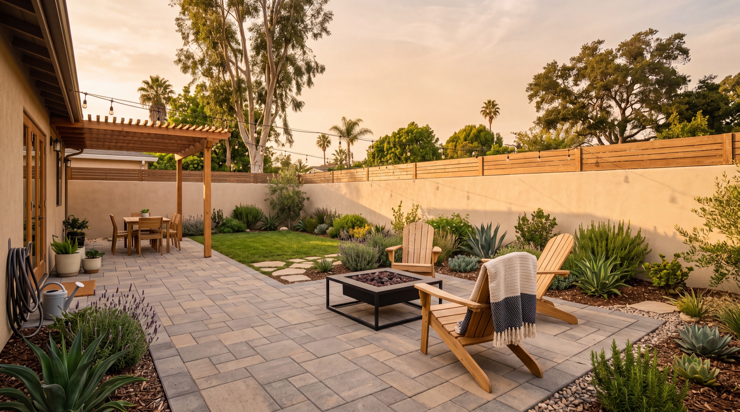 Completed paver patio and drought friendly landscaping in Los Angeles
